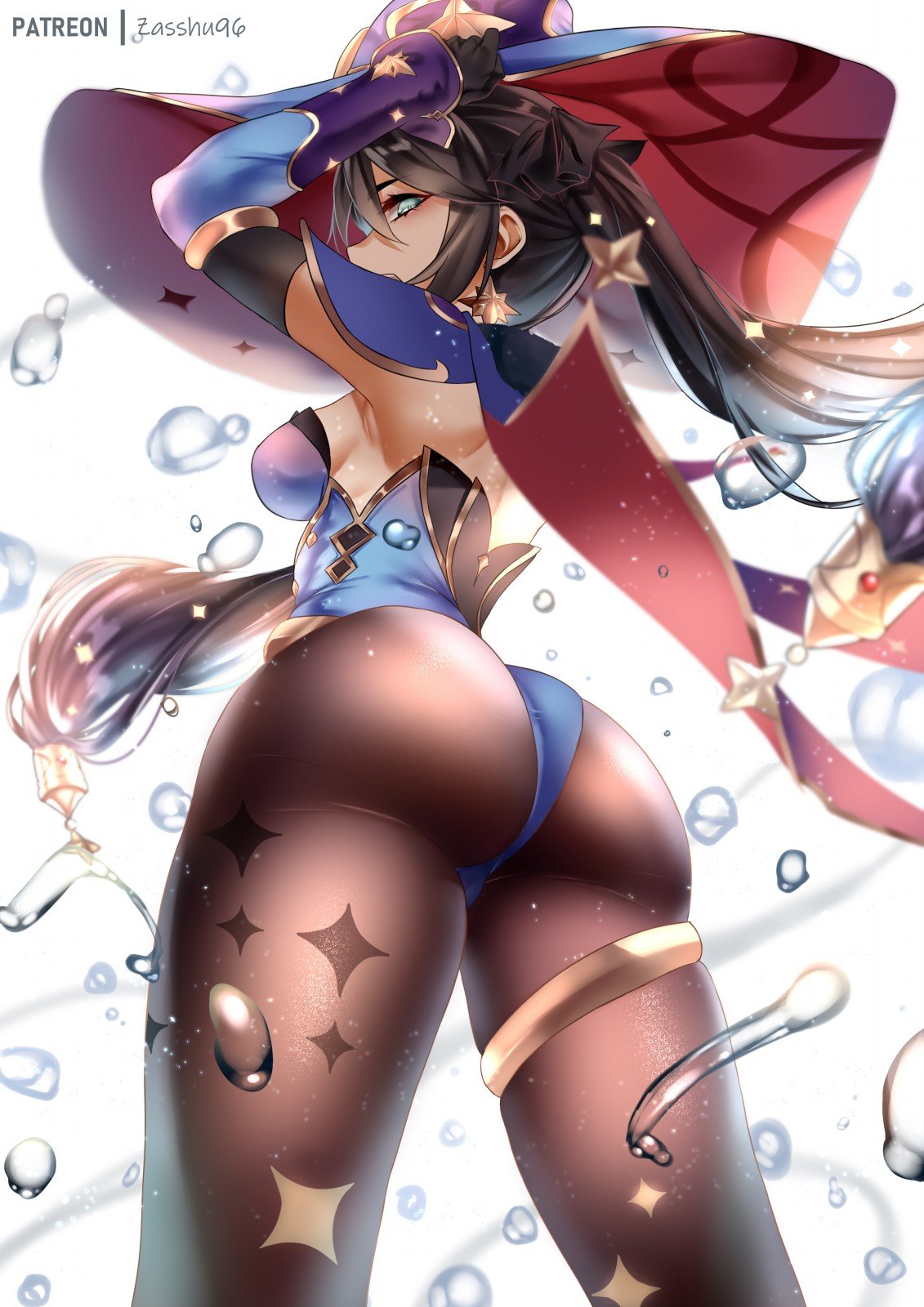 1girl, ass, bangs, black_hair, blue_eyes, blue_leotard, bodysuit_under_clothes, breasts