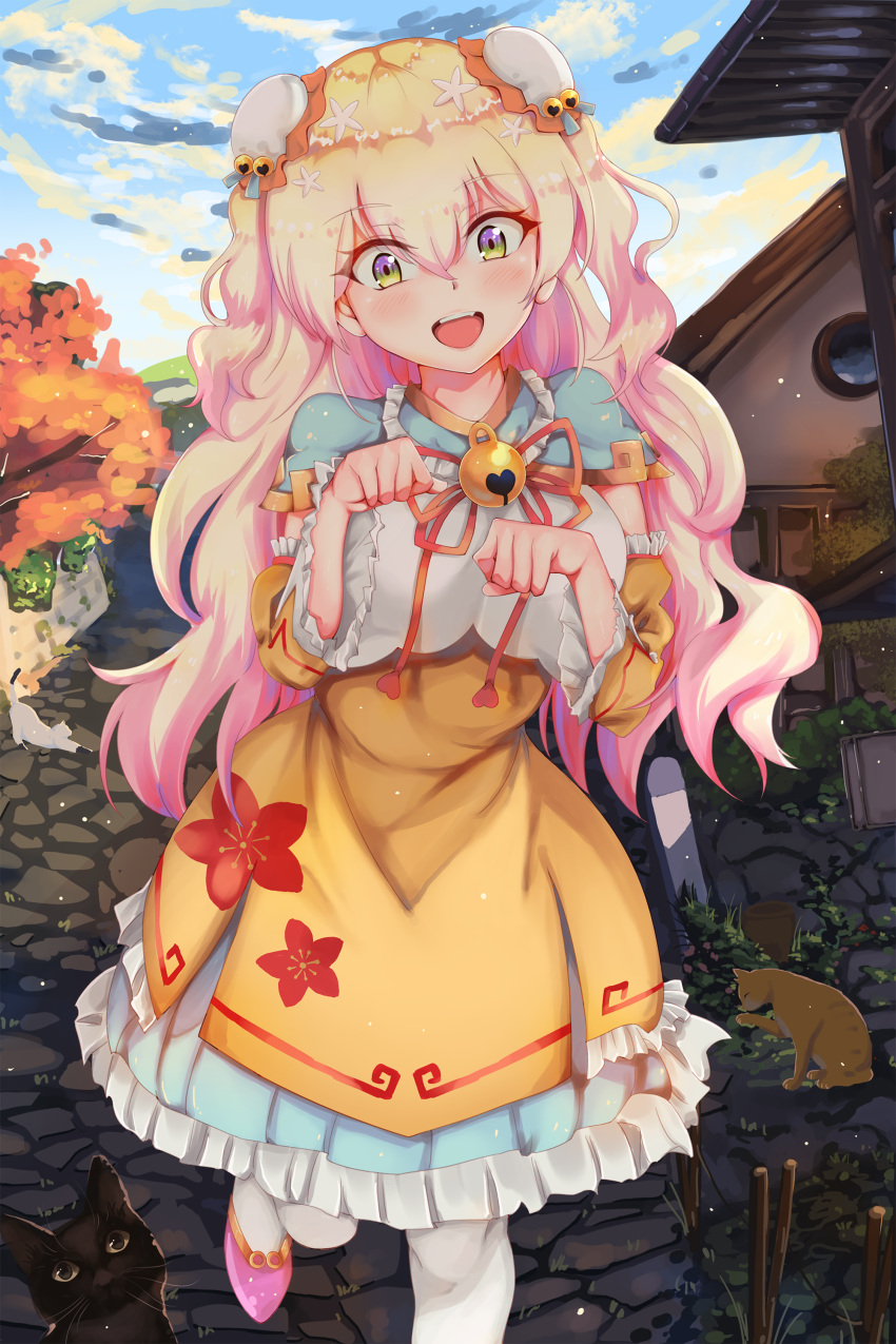 1girl, absurdres, autumn_leaves, bell, bell_collar, black_cat, blonde_hair, blue_sky