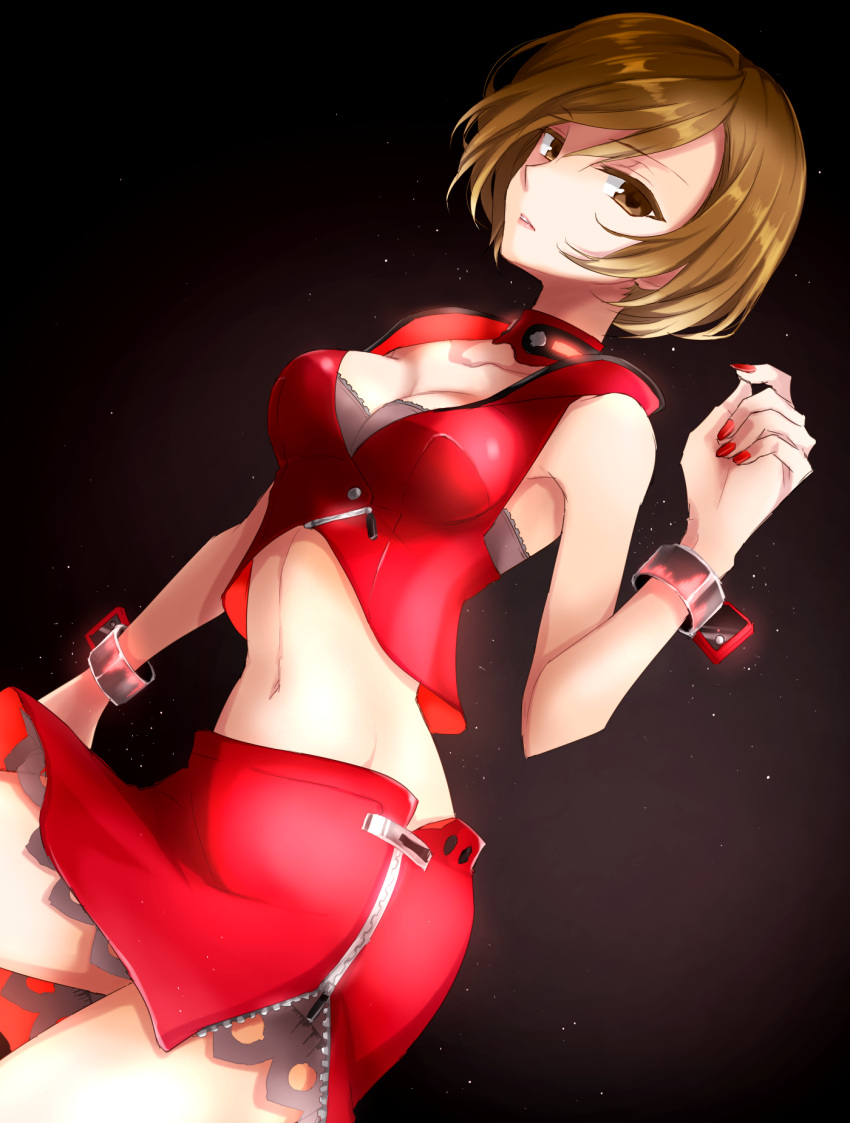 1girl, black_background, black_bra, bra, brown_eyes, brown_hair, collar, cowboy_shot