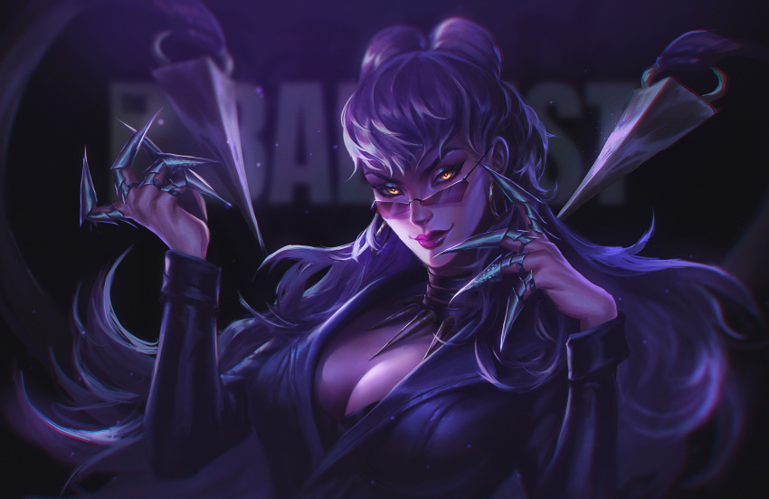 1girl, business_suit, claws, crownsforkings, dark, demon_girl, earrings, evelynn_(league_of_legends), evil_grin, evil_smile, formal, glasses, glowing, glowing_eyes, grin, highres, hoop_earrings, jewelry, league_of_legends, lipstick, long_hair, long_sleeves, looking_at_viewer, makeup, necklace, purple_hair, smile, solo, suit, the_baddest_evelynn, yellow_eyes