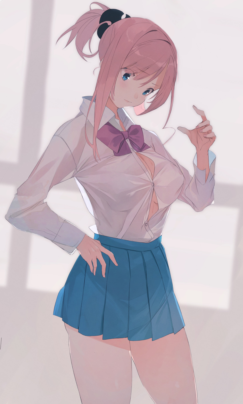 1girl, absurdres, alternate_costume, blue_eyes, blue_skirt, blush, breasts, collared_shirt