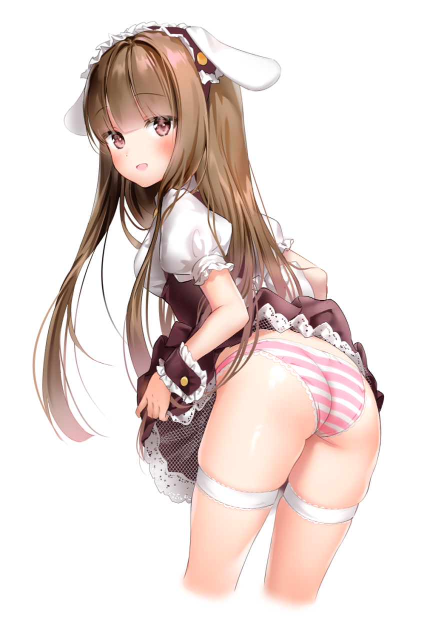 1girl, :d, animal_ears, ass, bangs, blush, breasts, brown_eyes, brown_hair, brown_hairband, brown_skirt, commission, cropped_legs, eyebrows_visible_through_hair, fake_animal_ears, frilled_hairband, frills, hairband, highres, leaning_forward, marmoset_(marmoset0), open_mouth, original, panties, pleated_skirt, puffy_short_sleeves, puffy_sleeves, rabbit_ears, shirt, short_sleeves, simple_background, skindentation, skirt, skirt_lift, small_breasts, smile, solo, striped, striped_panties, thigh_strap, underwear, white_background, white_shirt, wrist_cuffs