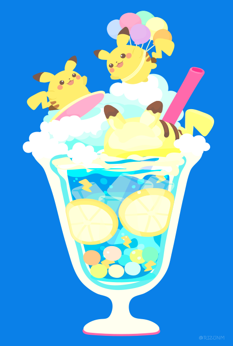 :3, :d, balloon, commentary, cup, drinking_glass, drinking_straw, flying_pikachu, gen_1_pokemon, ice, ice_cube, lightning_bolt, no_humans, open_mouth, pikachu, pokemon, pokemon_(creature), rizu_(rizunm), simple_background, smile, surfboard, surfing_pikachu, twitter_username