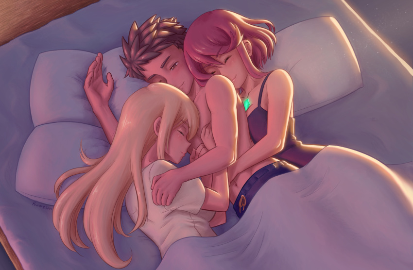 1boy, 2girls, black_tank_top, blonde_hair, brown_hair, closed_eyes, cuddling, from_above