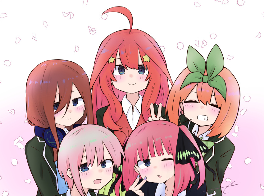 5girls, :d, ahoge, bangs, black_jacket, black_ribbon, blazer, blue_eyes