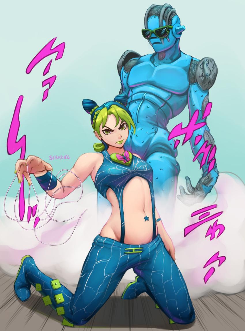 aqua_hair, artist_name, braid, closed_mouth, double_bun, full_body, green_eyes, green_hair