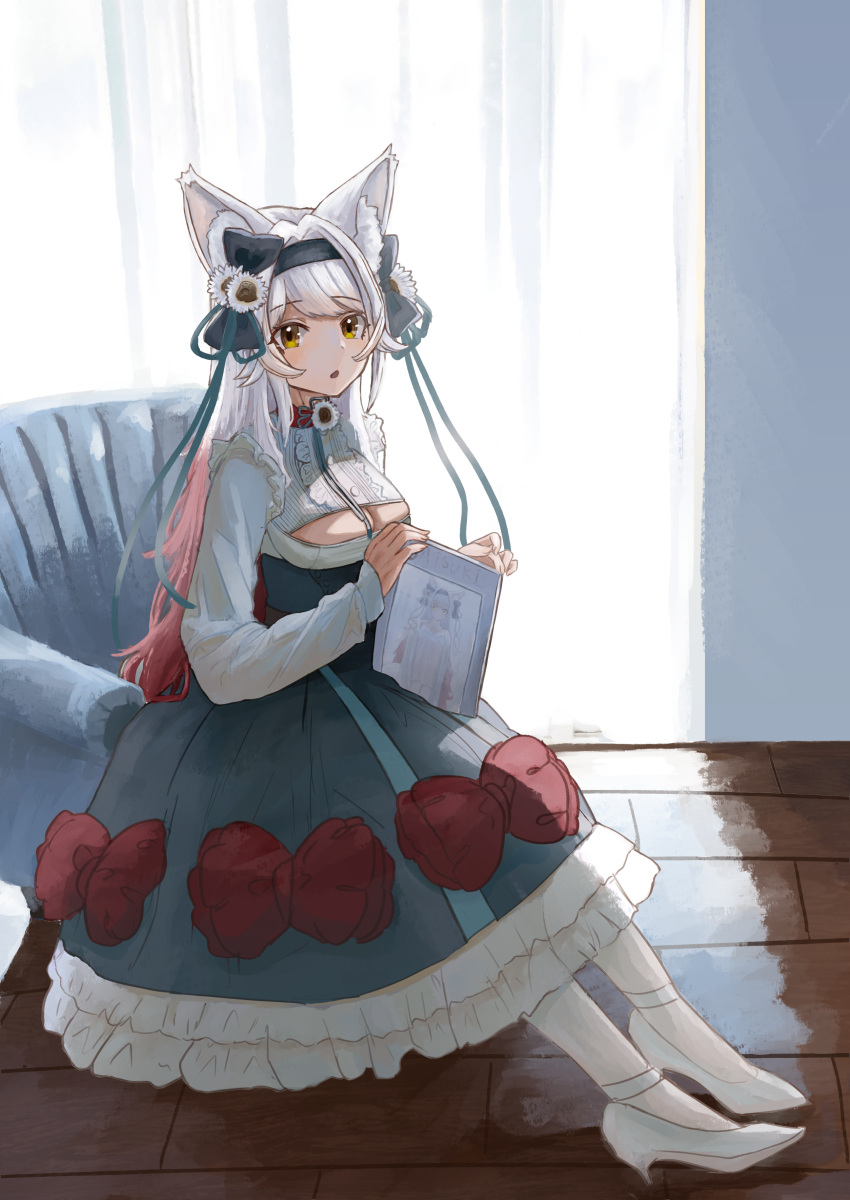1girl, absurdres, animal_ear_fluff, animal_ears, armchair, black_bow, black_hairband, blue_ribbon
