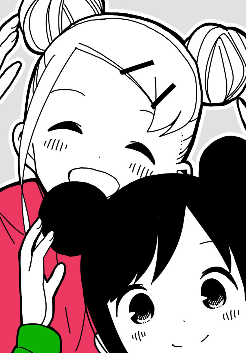 2girls, :d, ^_^, alternate_hairstyle, arm_up, bangs, black_hair, closed_eyes