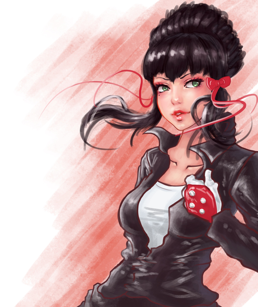 1girl, absurdres, alternate_costume, beehive_hairdo, biker_clothes, bow, breasts, collarbone