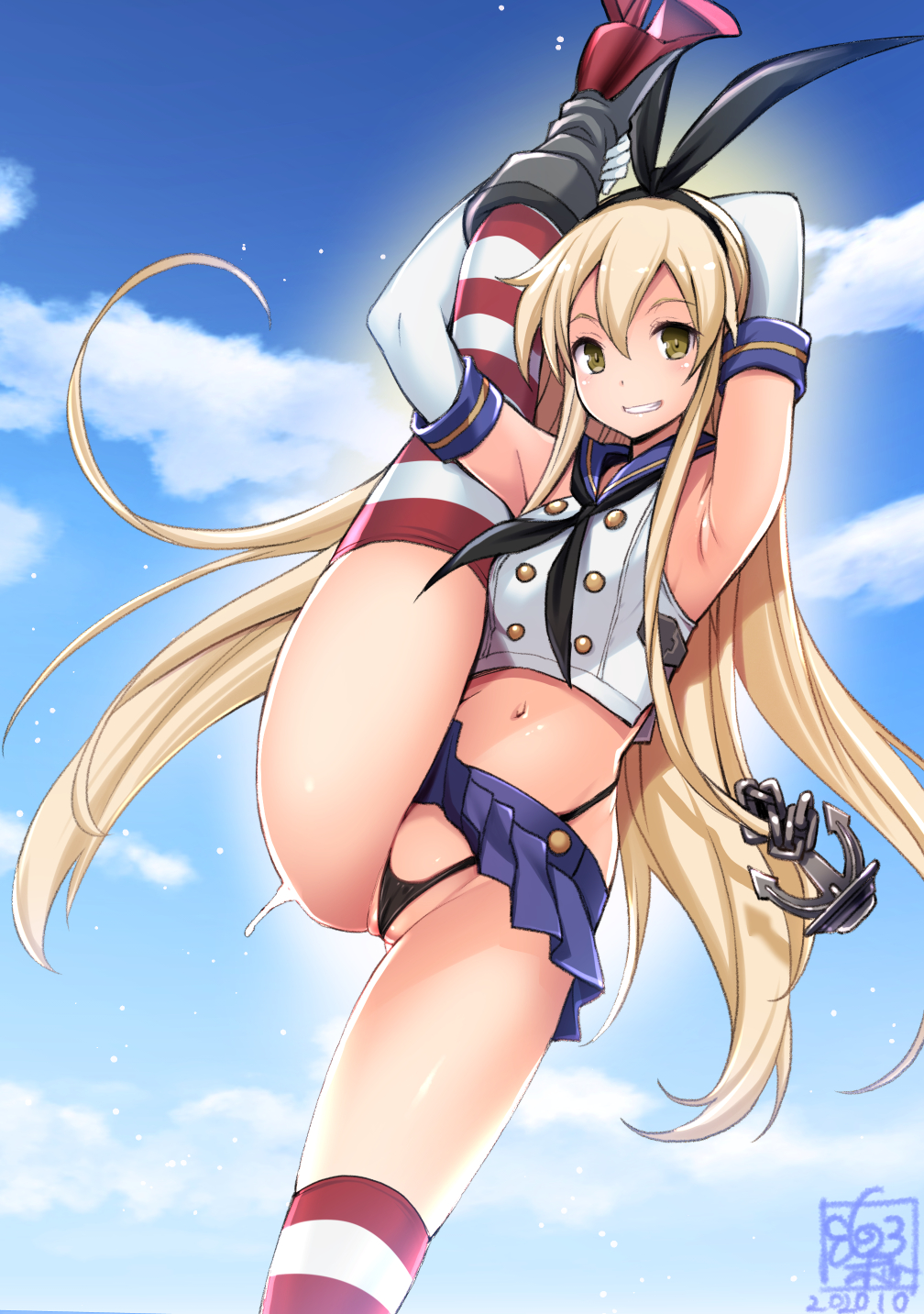 1girl, anchor_hair_ornament, artist_logo, black_hairband, black_panties, blonde_hair, blue_sailor_collar, blue_sky