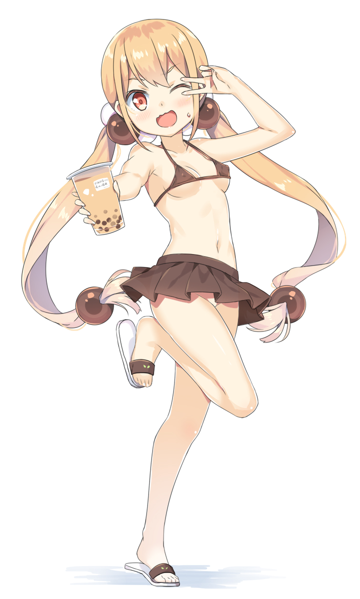 1girl, arm_up, bangs, bare_arms, bare_shoulders, bikini, bikini_top, black_skirt