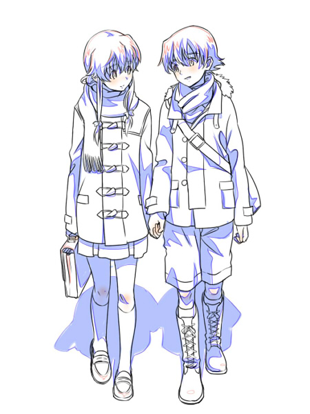 1boy, 1girl, amano_yukiteru, bangs, blush, boots, couple, eyebrows_visible_through_hair