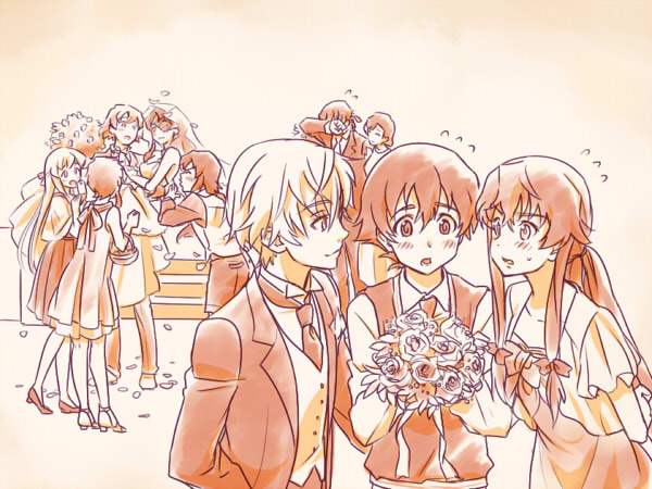 akise_aru, amano_yukiteru, blush, bouquet, character_request, dress, eyepatch, flower, gasai_yuno, hino_hinata, kousaka_ouji, kurusu_keigo, mirai_nikki, multiple_boys, multiple_girls, ndo2, nishijima_masumi, nonosaka_mao, official_style, uryuu_minene, wedding, wedding_dress