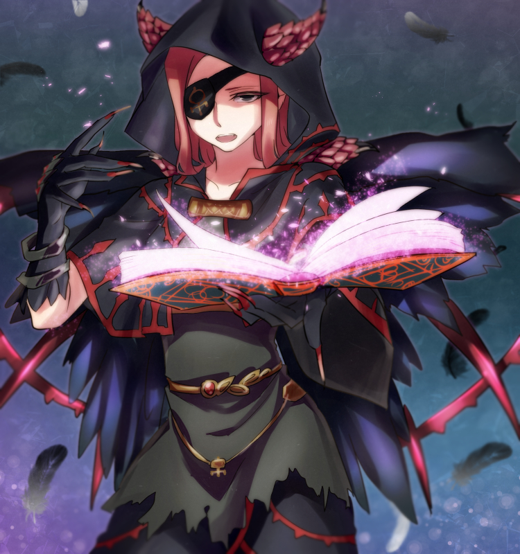 1girl, black_feathers, book, cloak, condemned_maiden, duel_monster, elbow_gloves, eyepatch