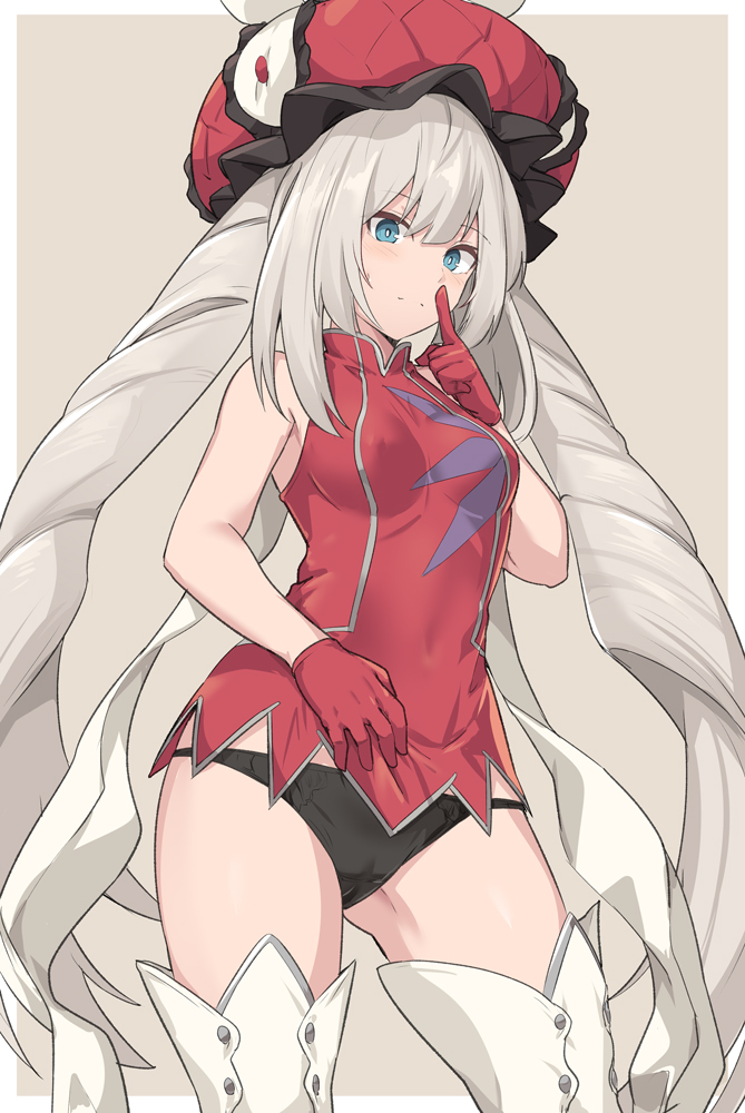 1girl, bangs, bare_shoulders, black_panties, blue_eyes, blush, breasts, dress