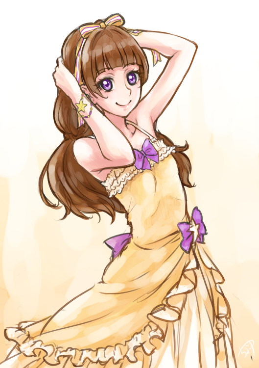 1girl, amanogawa_kirara, arms_up, bangs, blunt_bangs, bow, brown_hair, chocokin