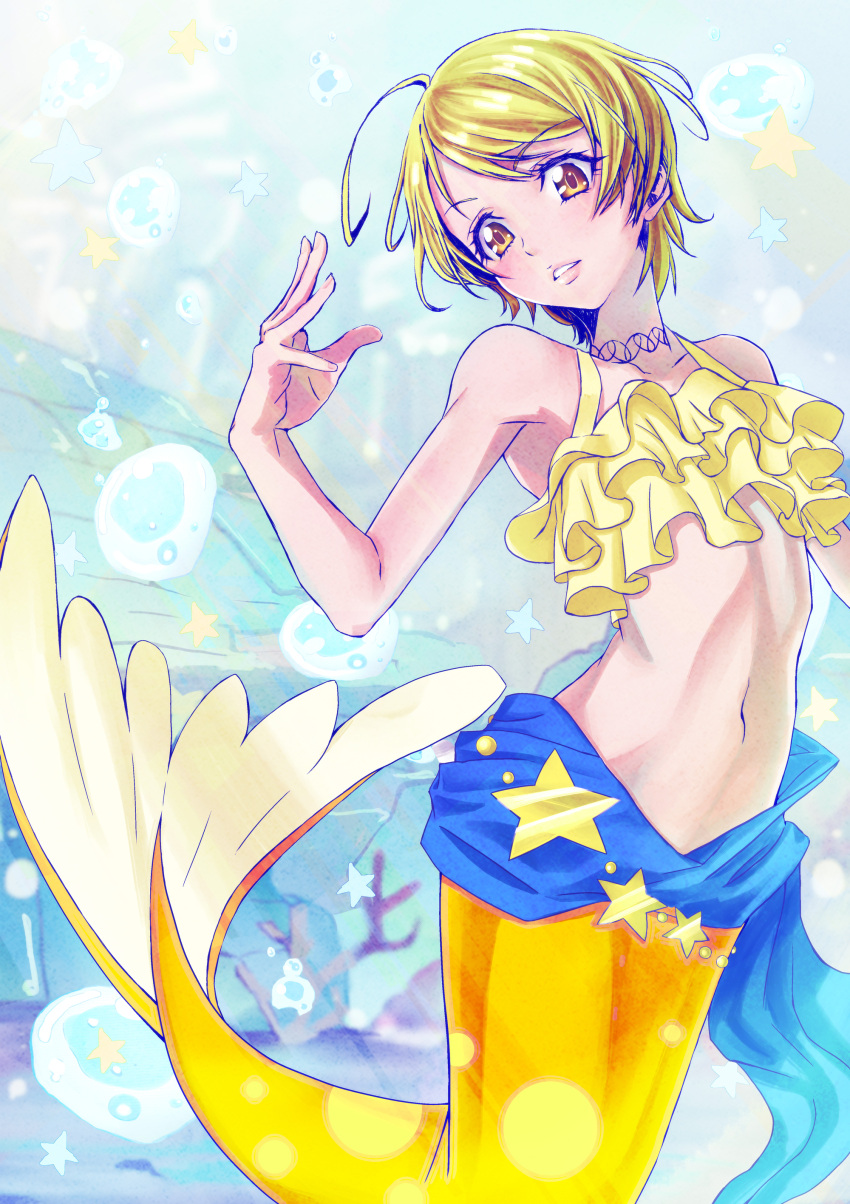 1girl, absurdres, ahoge, amawa_kazuhiro, bangs, belly_chain, blonde_hair, brown_eyes