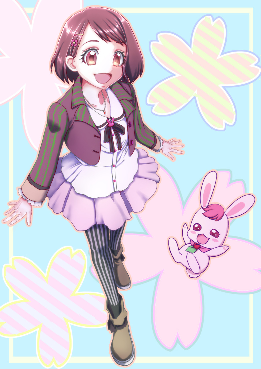 1girl, :d, amawa_kazuhiro, bangs, black_ribbon, blazer, blue_background, brown_eyes