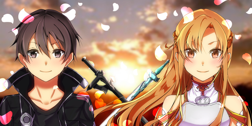 1boy, 1girl, absurdres, asuna_(sao), black_eyes, black_hair, blurry, blurry_background