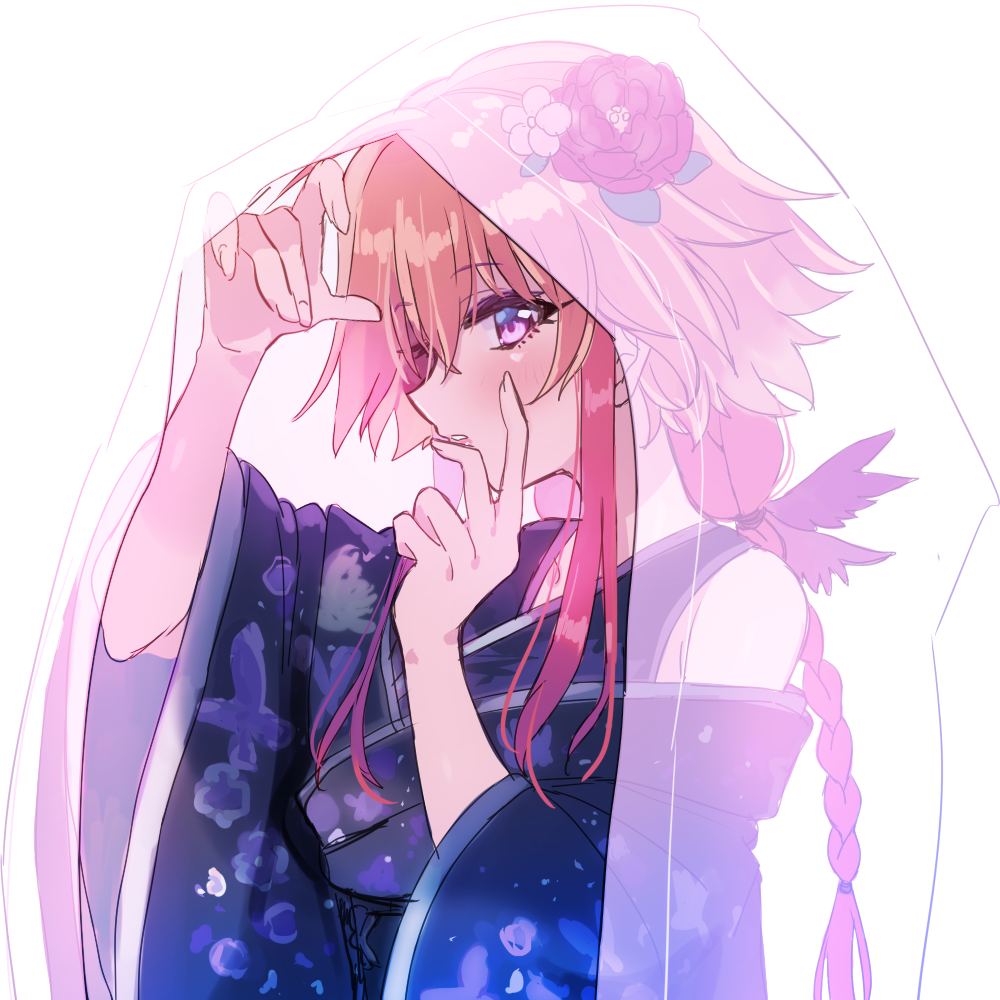 1girl, bangs, black_kimono, braid, brown_hair, eyebrows_visible_through_hair, flower, hair_between_eyes