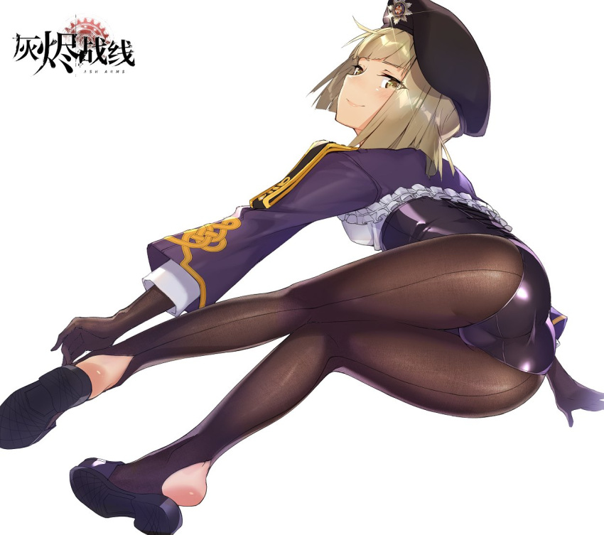 1girl, ash_arms, ass, bangs, beret, blush, breasts, brown_eyes