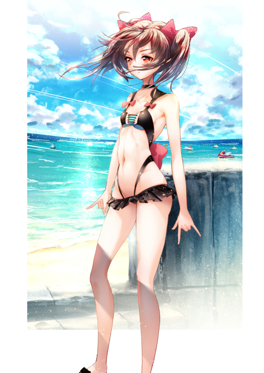 1girl, \m/, back_bow, bangs, bare_shoulders, beach, bikini, black_bikini