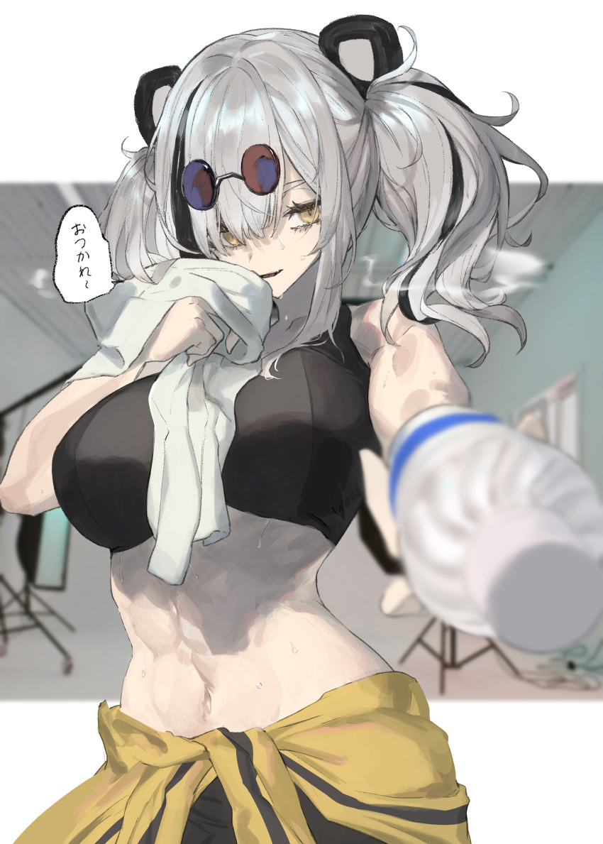 1girl, abs, absurdres, animal_ears, arknights, black_hair, bottle, breasts