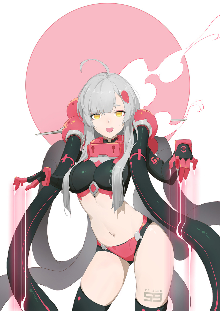 1girl, ahoge, bangs, bikini, black_bikini, black_legwear, dripping, fang