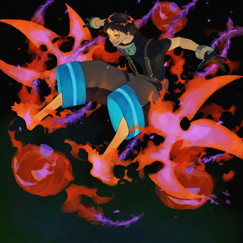 1boy, barefoot, black_background, black_gloves, black_hair, en'en_no_shouboutai, fire, gloves