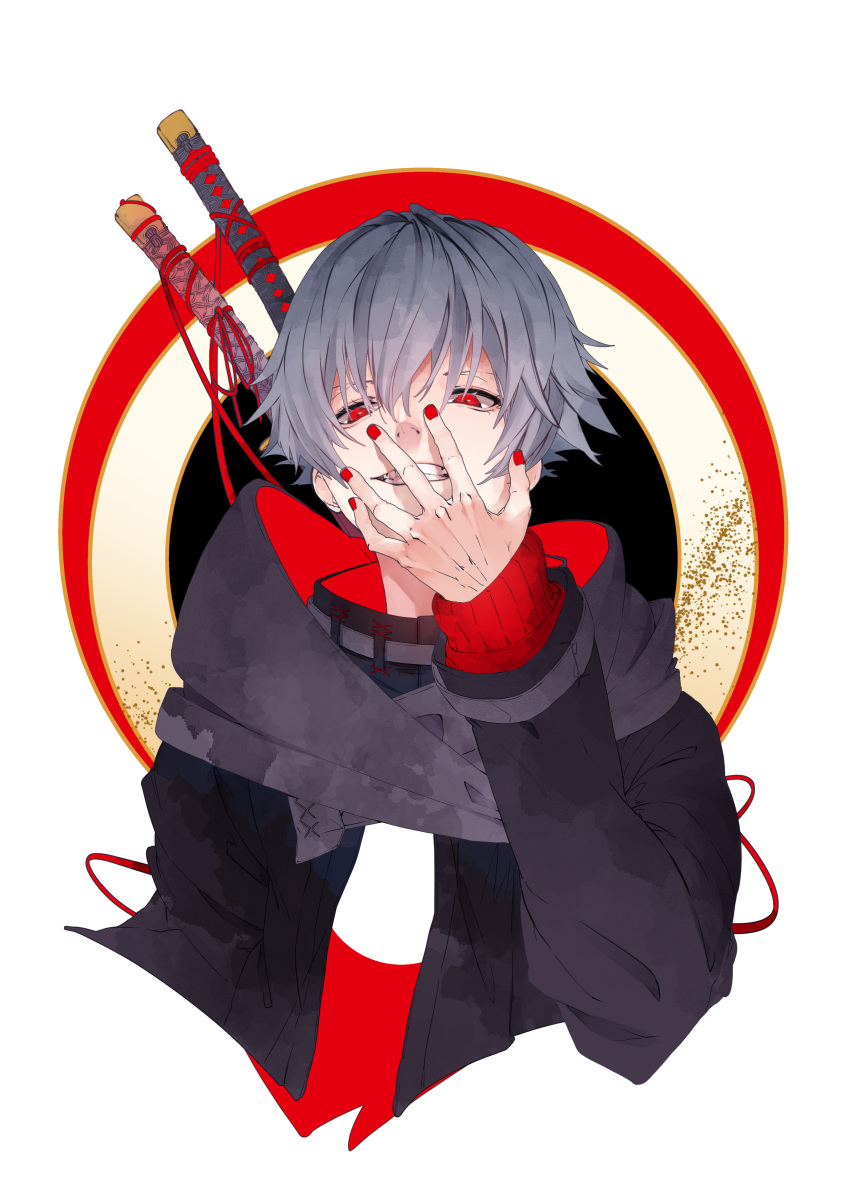 1boy, absurdres, black_theme, fingernails, grey_hair, grin, hair_between_eyes, highres, katana, kiiro_(1718), male_focus, original, parted_lips, red_eyes, red_nails, sleeves_past_wrists, smile, solo, stain, sword, tachi_(weapon), weapon, weapon_on_back