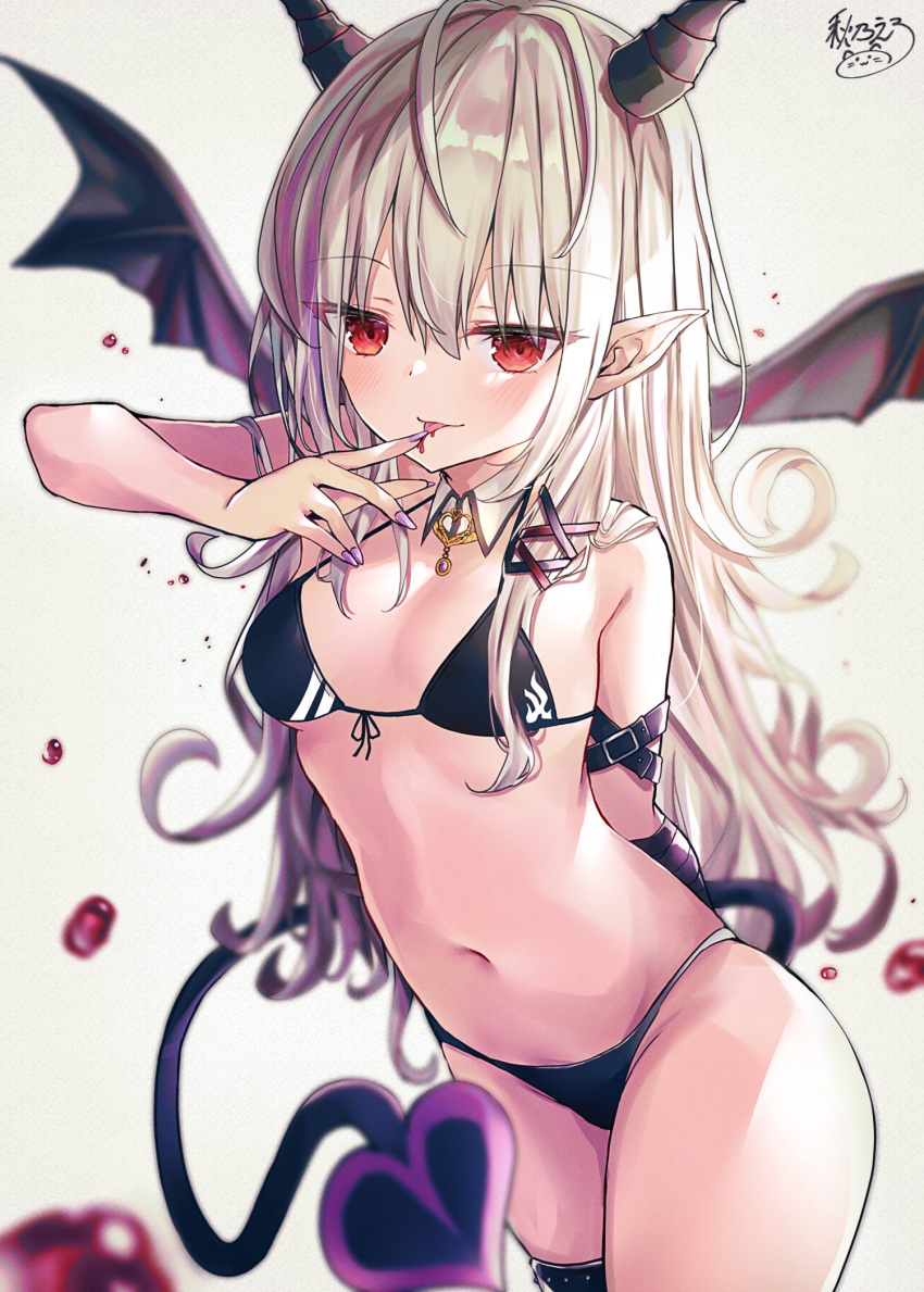 1girl, akino_ell, bare_shoulders, bikini, black_bikini, blurry, breasts, cowboy_shot