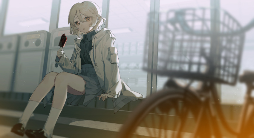 1girl, bangs, bicycle, black_shirt, blue_skirt, blurry, blurry_foreground, brown_eyes