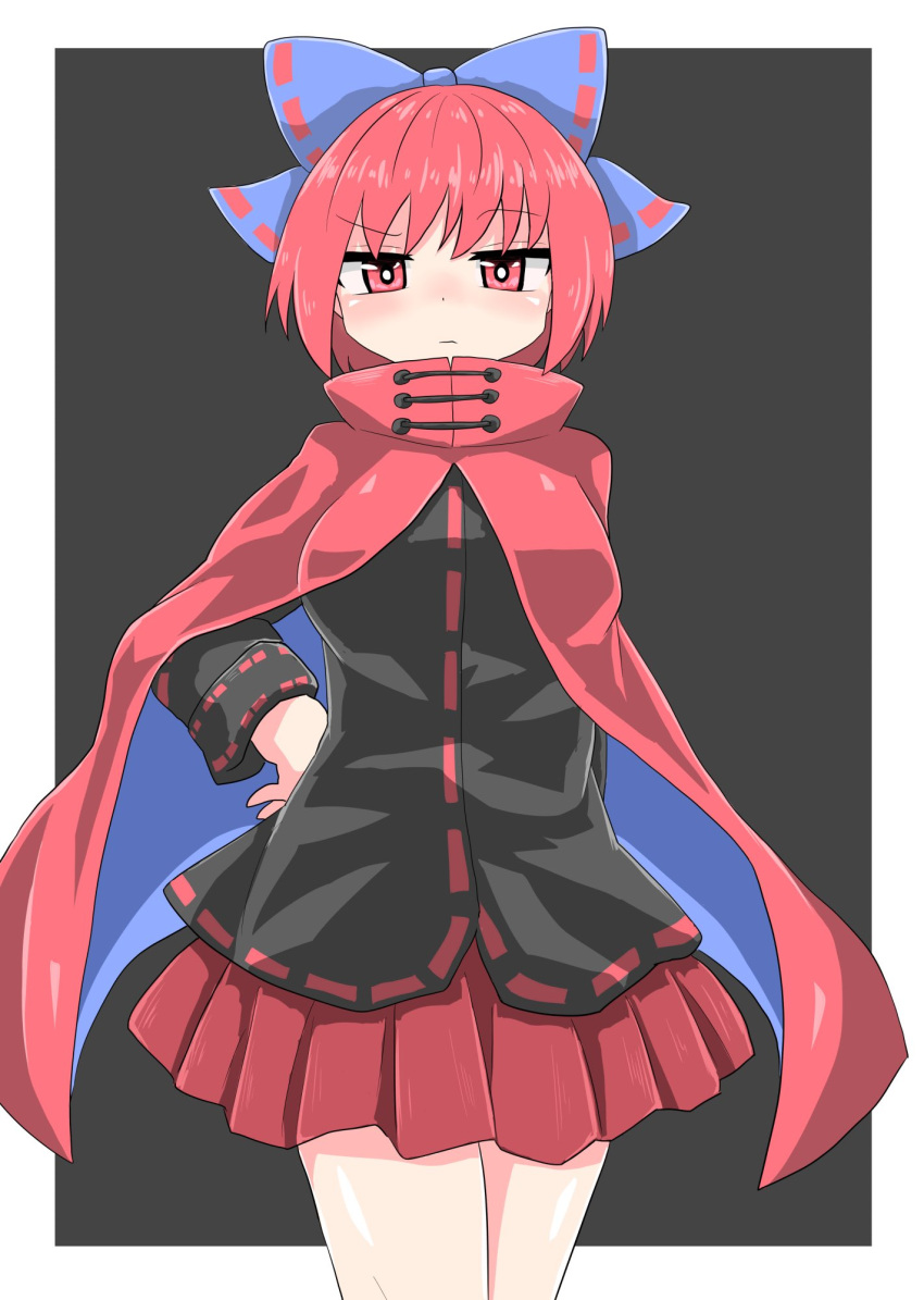 1girl, bangs, black_background, black_vest, blue_bow, border, bow, breasts