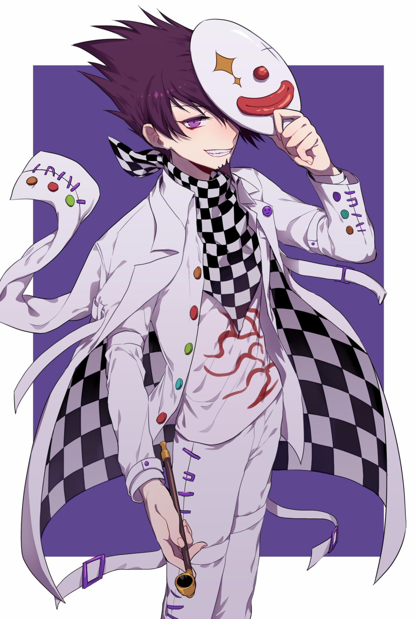 1boy, checkered, checkered_background, checkered_floor, checkered_scarf, commentary_request, cosplay, dangan_ronpa, facial_hair, feet_out_of_frame, goatee, grin, hand_up, highres, holding, holding_mask, holding_pipe, jacket, jacket_on_shoulders, layered_sleeves, long_sleeves, looking_at_viewer, male_focus, mask, mask_removed, momota_kaito, nanin, new_dangan_ronpa_v3, open_clothes, open_shirt, ouma_kokichi, ouma_kokichi_(cosplay), pants, pipe, scarf, shirt, smile, solo, spiky_hair, standing, teeth, violet_eyes, white_jacket, white_pants, white_shirt