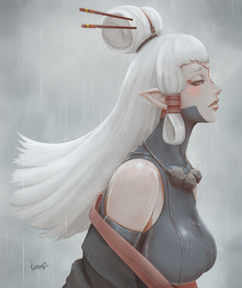 1girl, bare_shoulders, breasts, facial_mark, hair_ornament, hair_stick, half-closed_eyes, highres