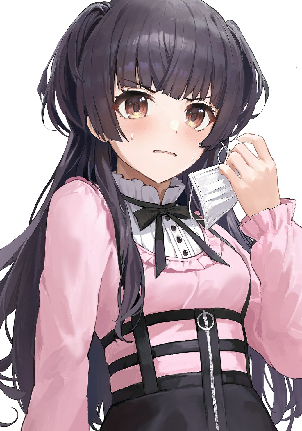 1girl, bangs, black_hair, black_neckwear, black_ribbon, blunt_bangs, blush, breasts