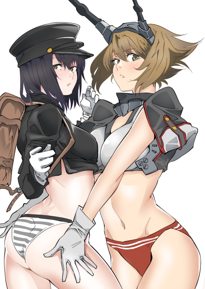 2girls, adapted_costume, akitsu_maru_(kantai_collection), ass, backpack, bag, black_hair, black_headwear