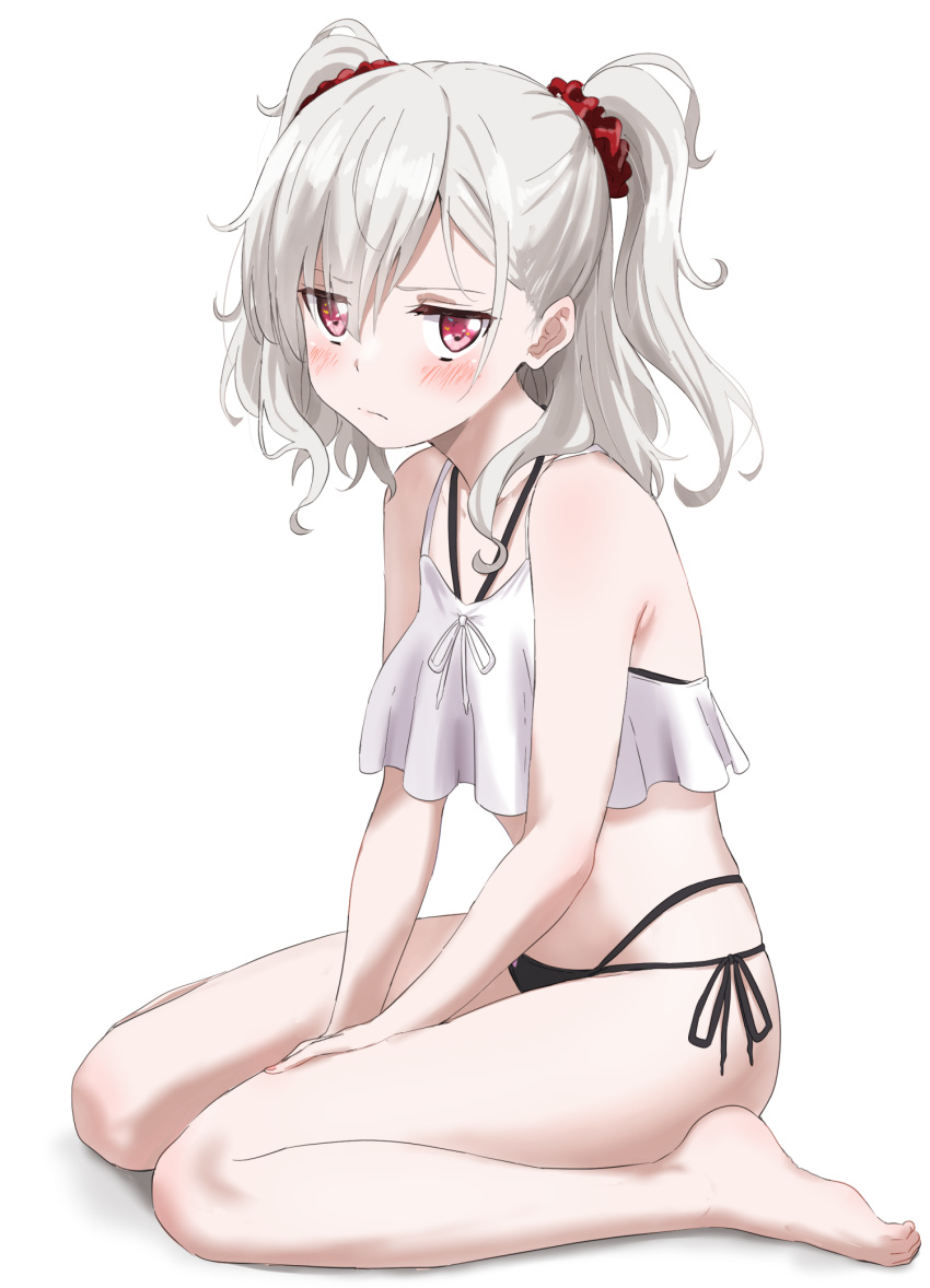1girl, barefoot, bikini, black_bikini, blush, closed_mouth, commentary_request, eyebrows_visible_through_hair, eyes_visible_through_hair, full_body, hair_ornament, hair_scrunchie, highres, komagome_azuzu, legs, looking_at_viewer, red_eyes, red_scrunchie, scrunchie, senyoku_no_sigrdrifa, short_hair, simple_background, sitting, solo, swimsuit, thighs, trg-_(sain), two_side_up, white_background, white_hair
