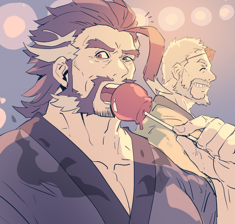 2boys, ahoge, alternate_costume, bara, beard, blue_kimono, candy_apple, chest