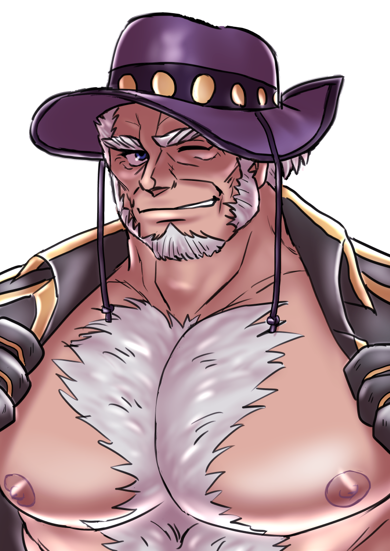 1boy, bara, bare_chest, blue_eyes, chest, chest_hair, coat, facial_hair, goatee, grey_hair, hairy, live_a_hero, male_focus, marfik_(live_a_hero), muscle, nipples, old_man, open_clothes, open_coat, pectoral_focus, pikako182, purple_headwear, short_hair, sideburns, solo, upper_body