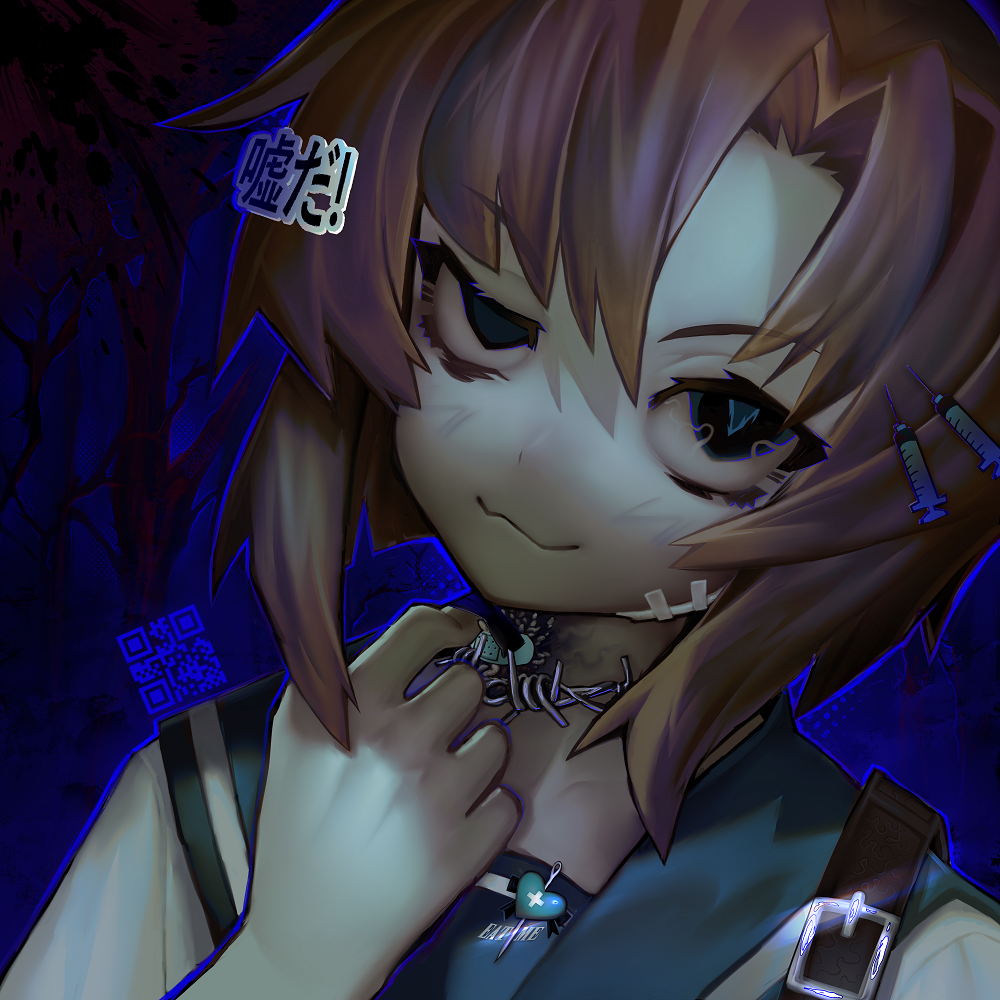 1girl, bandaid, bandaid_on_face, bandaid_on_neck, bangs, barbed_wire, belt_buckle, black_eyes