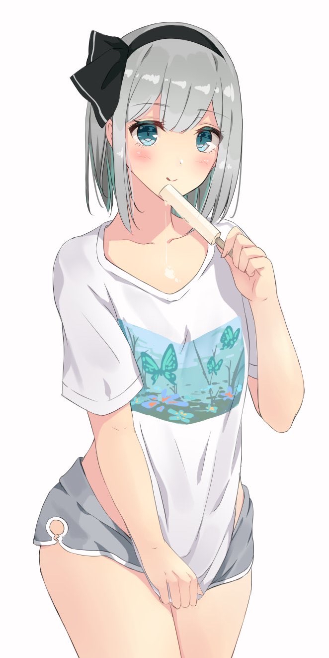 1girl, alternate_costume, bangs, black_hairband, bug, butterfly, closed_mouth, collarbone, eyebrows_visible_through_hair, food, green_eyes, grey_hair, grey_shorts, hairband, highres, insect, konpaku_youmu, looking_at_viewer, loungewear, popsicle, sakuramochi_usa, shirt, shirt_hold, short_hair, short_sleeves, shorts, simple_background, smile, solo, t-shirt, tongue, tongue_out, touhou, white_background, white_shirt