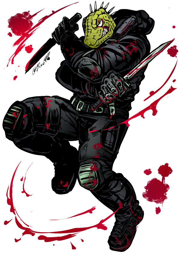 1boy, black_footwear, black_gloves, black_pants, blood, blood_splatter, bloody_weapon, clenched_teeth