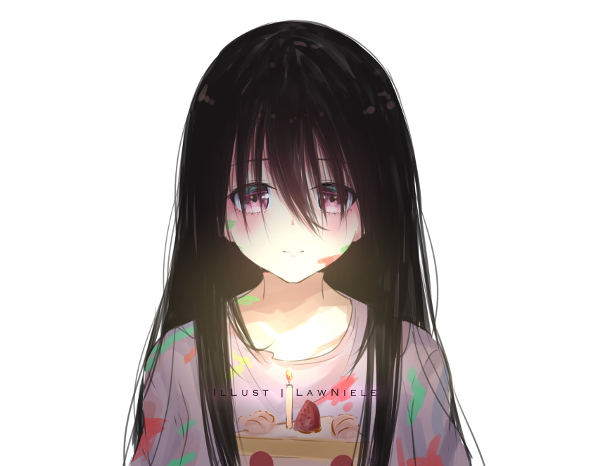1girl, artist_name, bangs, black_hair, blush, cake, cake_slice, candy