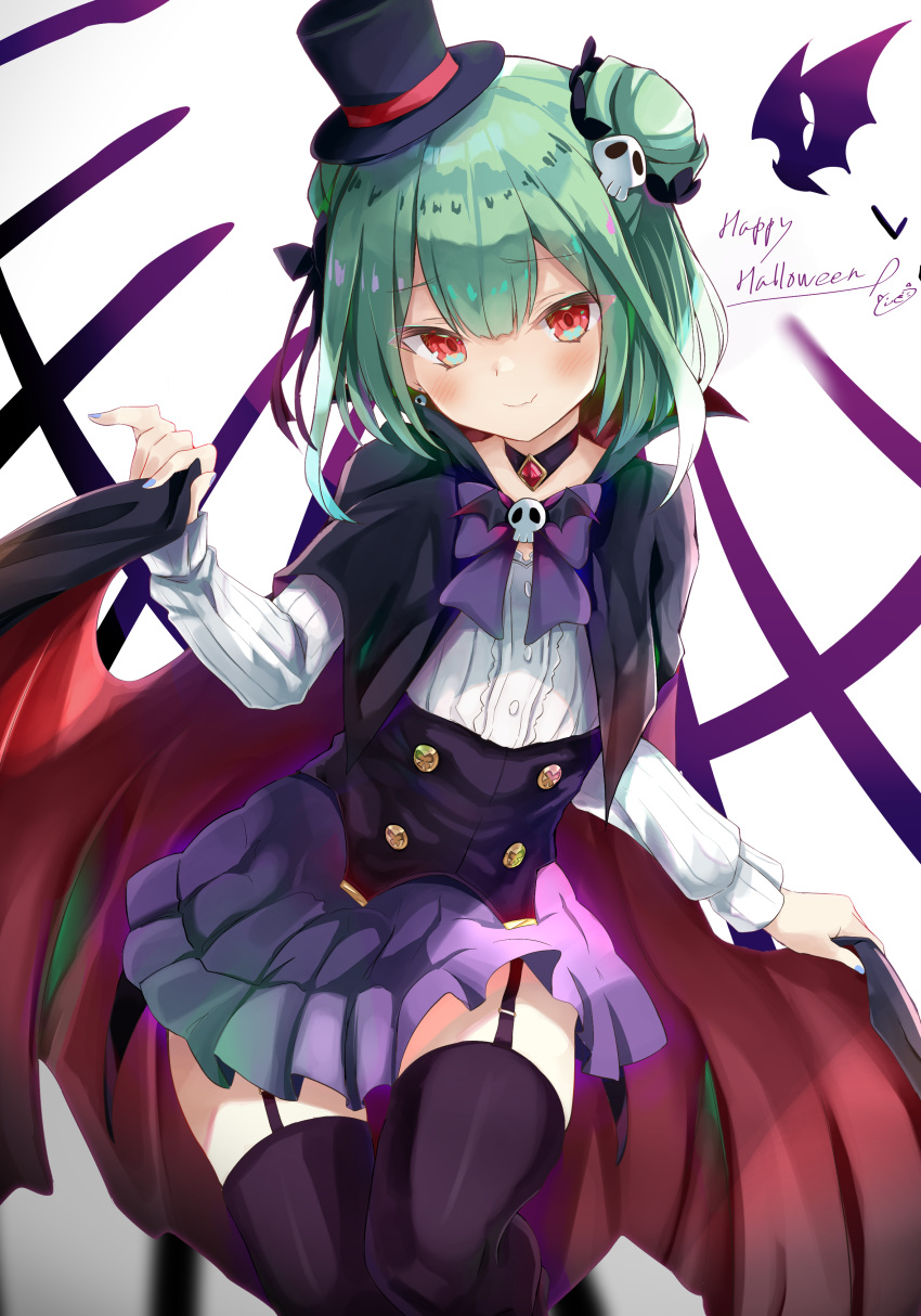 1girl, absurdres, bangs, black_legwear, blue_nails, blush, cape, collar