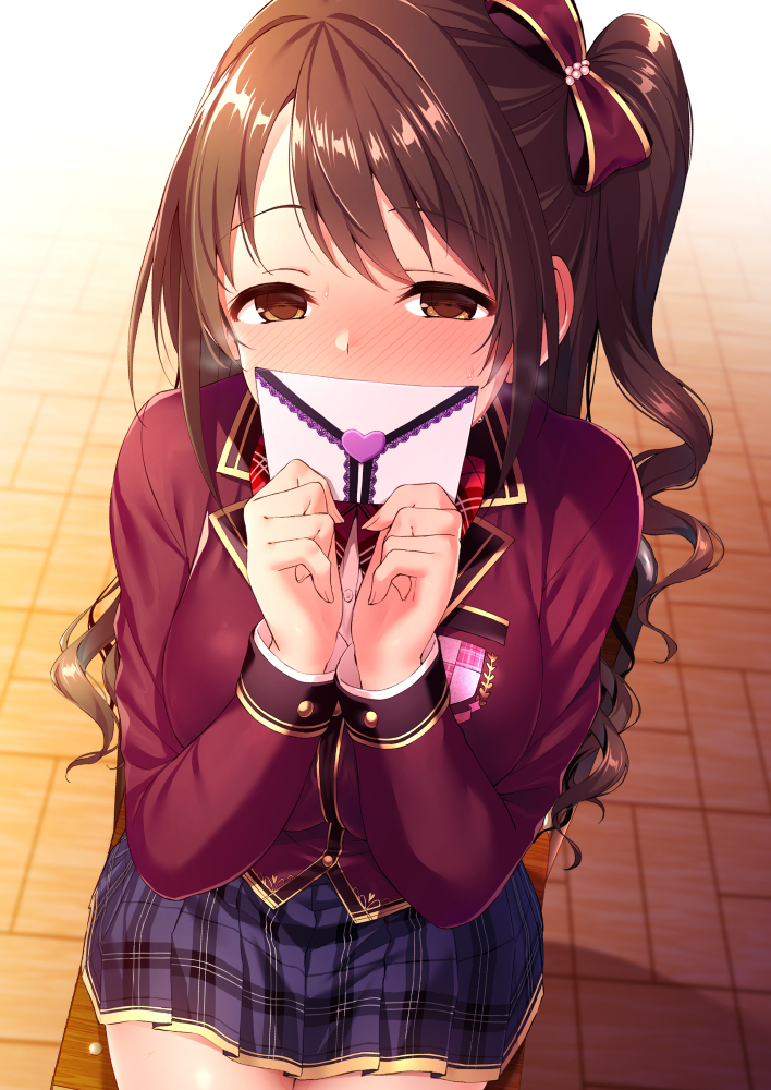 1girl, bangs, blazer, blush, brown_eyes, brown_hair, chair, commentary_request