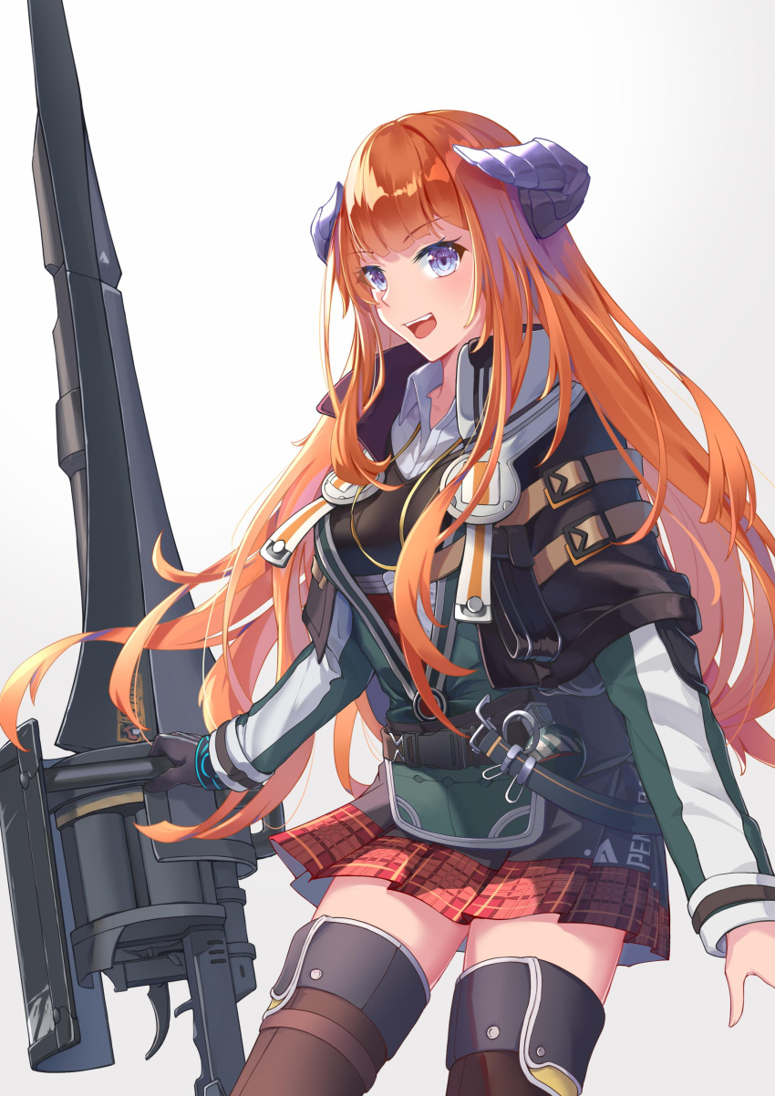 1girl, :d, absurdres, arknights, bagpipe_(arknights), bangs, black_capelet, black_gloves, blue_eyes, capelet, chinese_commentary, commentary_request, cowboy_shot, eyebrows_visible_through_hair, gloves, gradient, gradient_background, green_jacket, grey_background, highres, horns, jacket, lance, long_hair, long_sleeves, looking_at_viewer, miniskirt, open_mouth, orange_hair, pleated_skirt, polearm, red_skirt, single_glove, skedli, skirt, smile, solo, standing, thigh-highs, thighs, very_long_hair, weapon, zettai_ryouiki