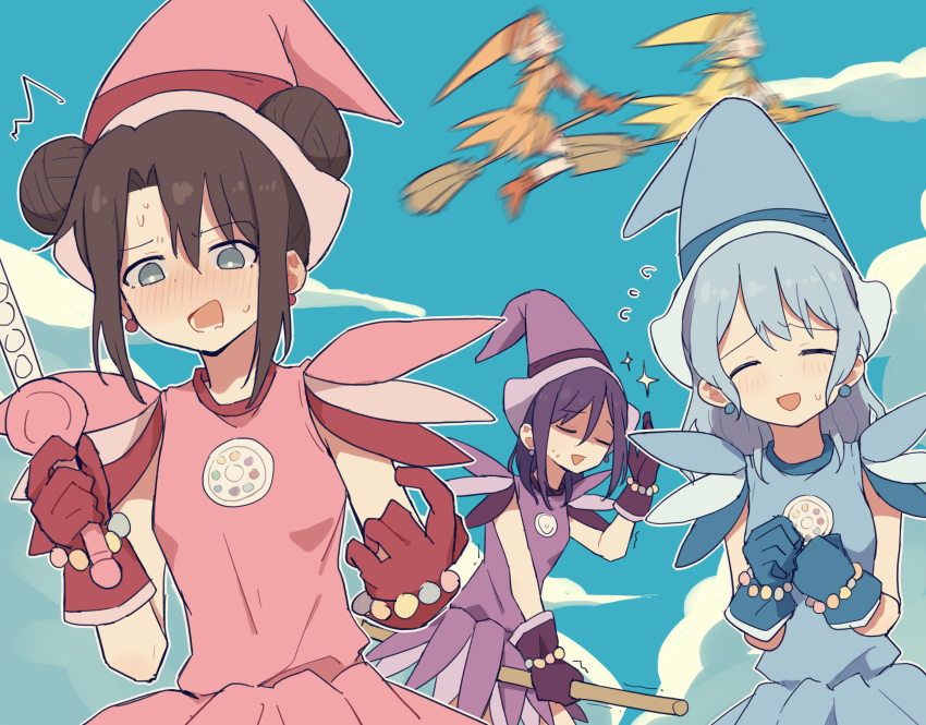 /\/\/\, 5girls, :d, acrophobia, bang_dream!, bangs, blonde_hair, blue_dress, blue_gloves, blue_hair, blue_headwear, blue_sky, blush, boots, breasts, broom, broom_riding, brown_hair, closed_eyes, clouds, coldcat., commentary, cosplay, cosplay_request, day, double_bun, dress, earrings, eyebrows_visible_through_hair, floating, flying_sweatdrops, full_body, gloves, grey_eyes, hair_between_eyes, hat, hello_happy_world!, highres, holding, holding_wand, jewelry, kitazawa_hagumi, long_hair, lower_teeth, magical_girl, matsubara_kanon, medium_breasts, medium_hair, motion_blur, multiple_girls, nervous_smile, nose_blush, ojamajo_doremi, okusawa_misaki, one_side_up, open_mouth, orange_dress, orange_footwear, orange_gloves, orange_headwear, pink_dress, pink_gloves, pink_headwear, purple_dress, purple_gloves, purple_hair, purple_headwear, seta_kaoru, shaded_face, sidelocks, sitting, sky, sleeveless, sleeveless_dress, smile, sparkle, sweat, trembling, tsurumaki_kokoro, upper_body, wand, yellow_dress, yellow_gloves, yellow_headwear