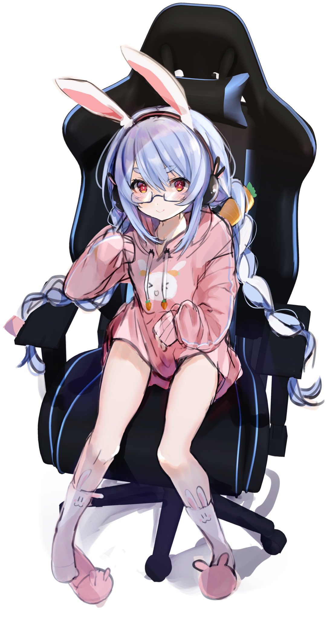 1girl, alternate_costume, animal_ears, animal_print, animal_slippers, bangs, blue_hair, braid, bunny_headphones, bunny_print, carrot, carrot_hair_ornament, chair, closed_mouth, eyebrows, eyebrows_visible_through_hair, fake_animal_ears, food_themed_hair_ornament, gamer_chair, glasses, hair_ornament, headphones, highres, hololive, hololive_fantasy, hood, hoodie, long_hair, multicolored_hair, oimo_0imo, pink_hoodie, print_hoodie, rabbit_ears, red_eyes, short_socks, sidelocks, simple_background, sitting, slippers, smile, socks, solo, twin_braids, twintails, usada_pekora, very_long_hair, virtual_youtuber, white_background, white_legwear
