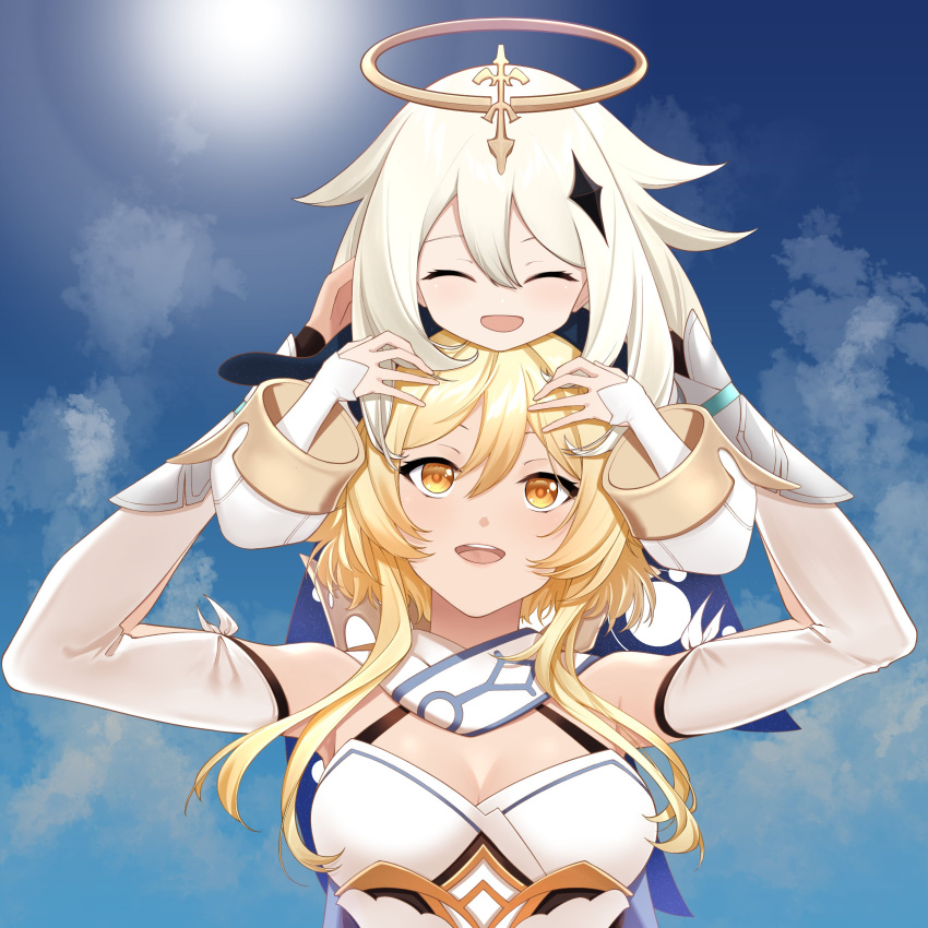 2girls, absurdres, angel, blonde_hair, breasts, carrying_overhead, closed_eyes, clouds